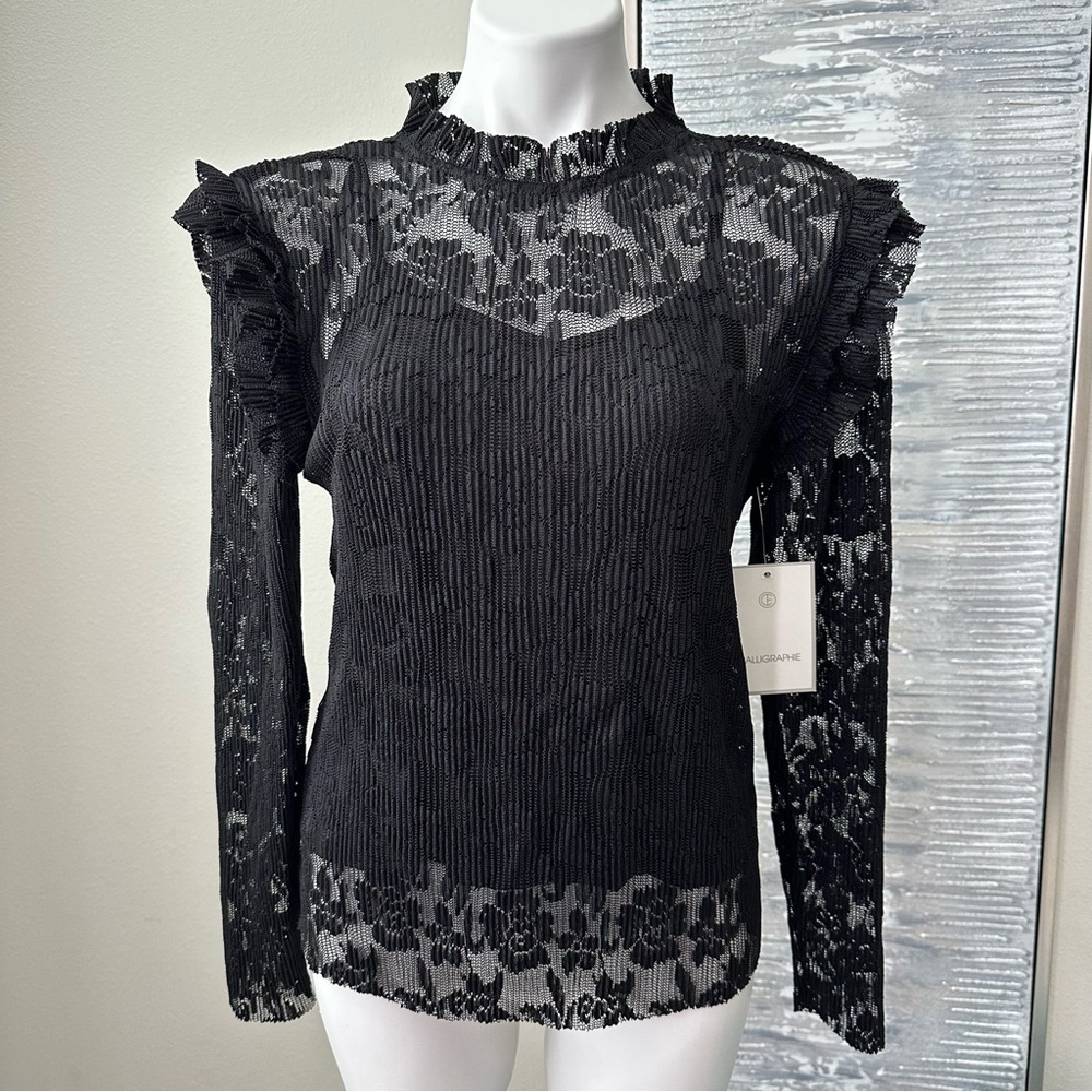 Calligraphie Women’s Long Sleeve Mock Neck Sheer Top Size M, New without tags